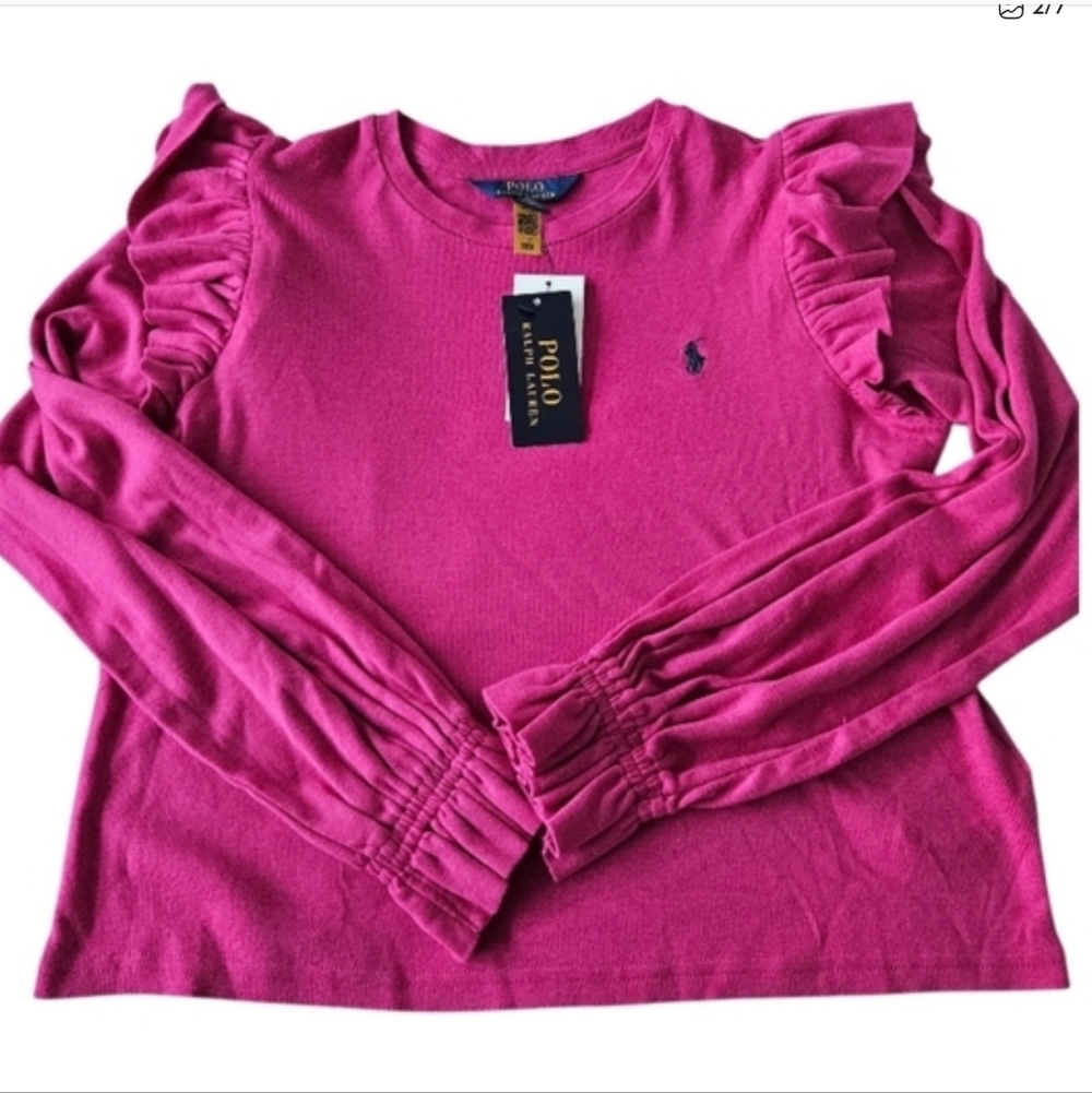 NWT Polo by Ralph Lauren Girls 12-14  Dark Fuchsia Ruffle Long Sleeve Tee